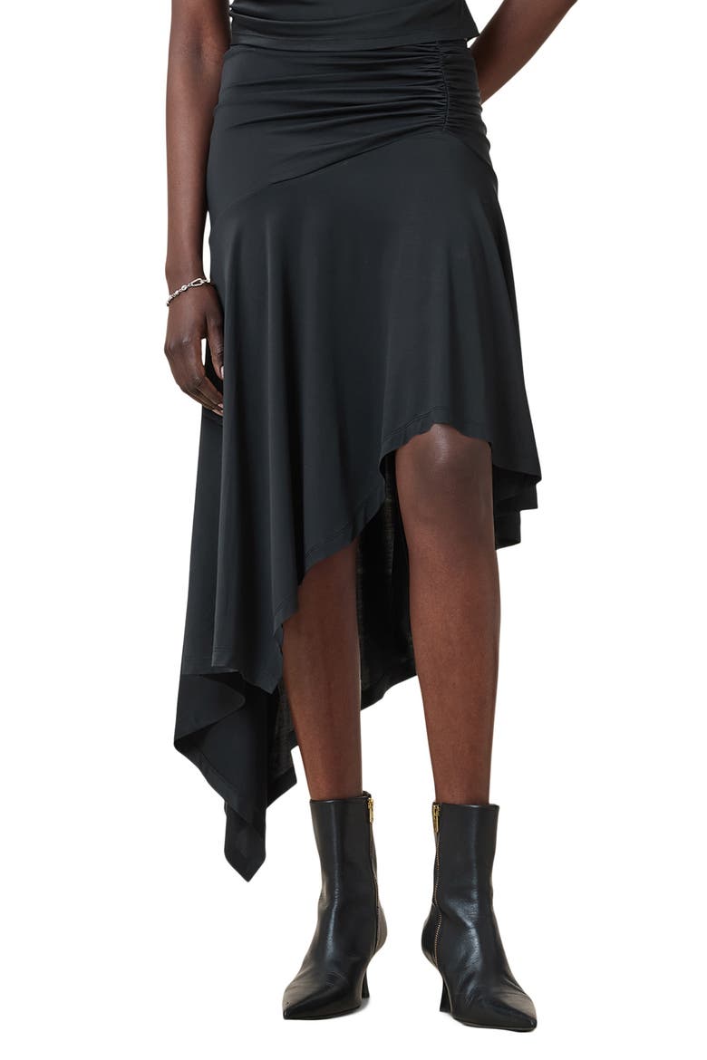 Annalie Asymmetric Ruched Midi Skirt, Main, color, BLACK