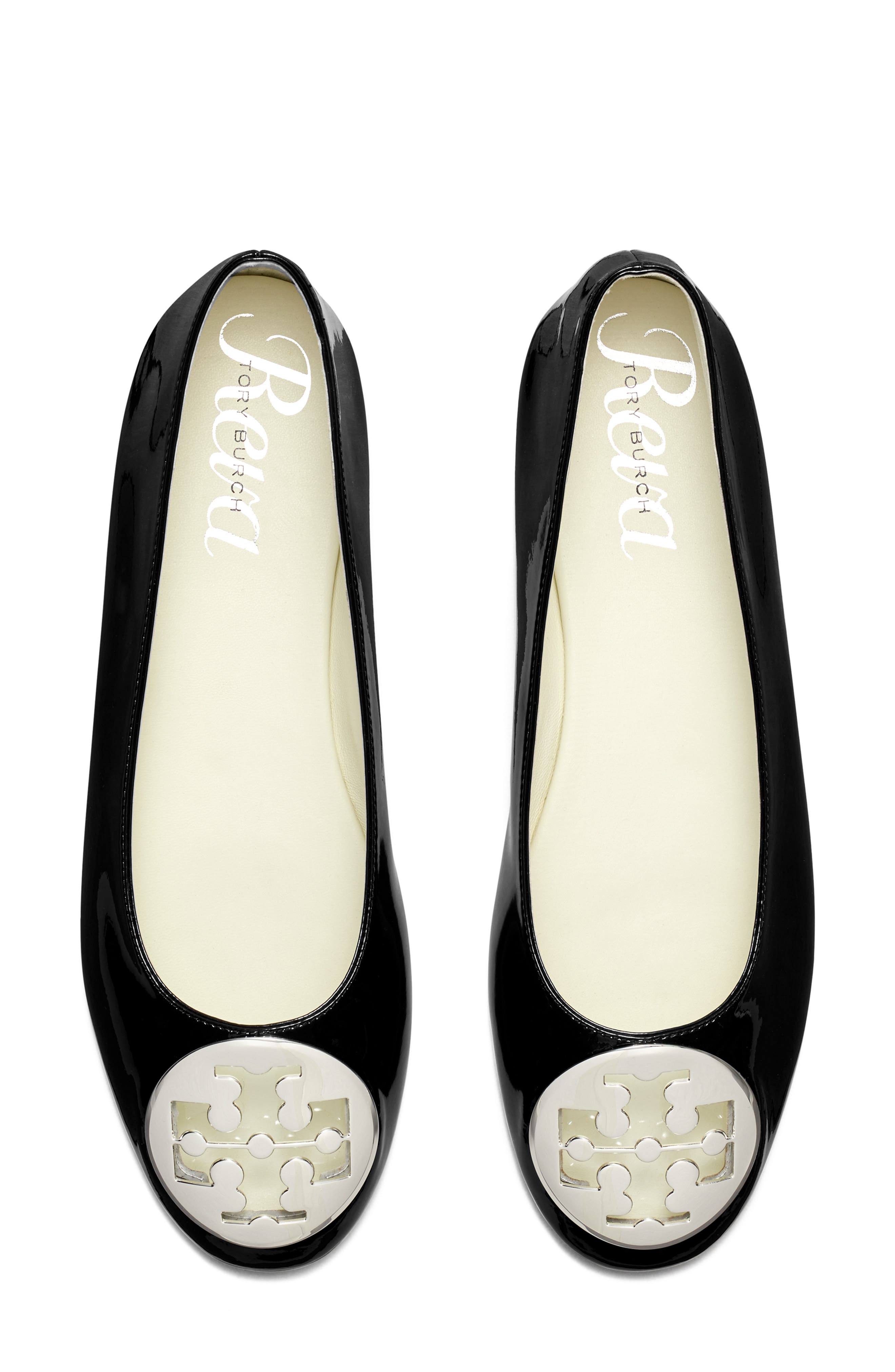 Tory Burch 'Reva' Ballerina Flat, Alternate, color, Perfect Black/ Silver