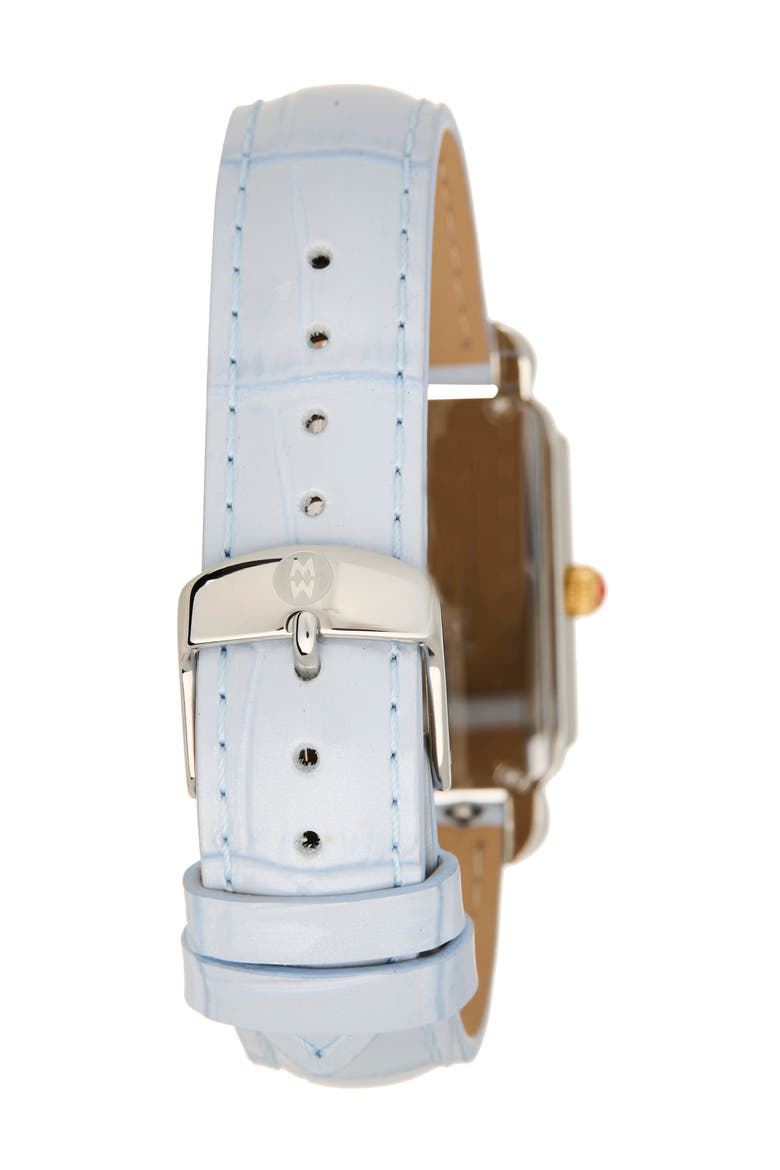 Deco II Diamond Mother-of-Pearl Leather Strap Watch, 26mm x 28mm, Alternate, color, BLUE/ WHITE GOLD