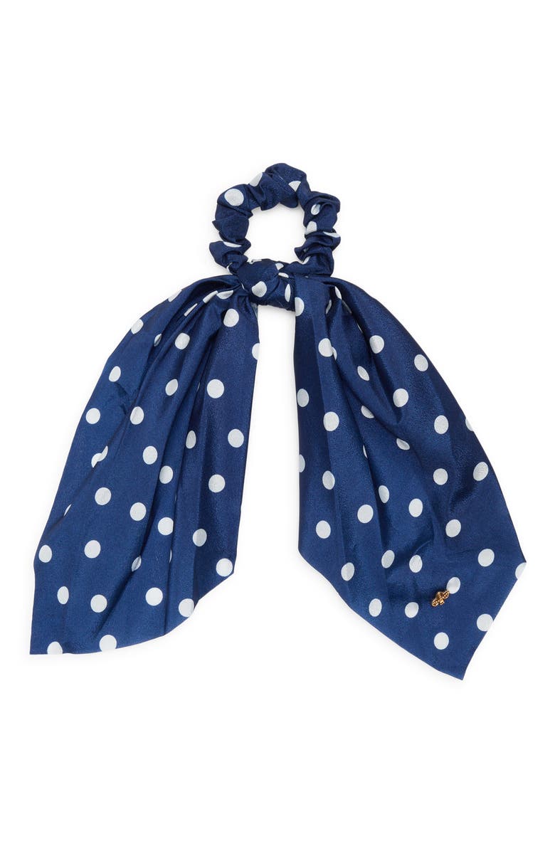 L. Erickson Athens Polka Dot Scarf Tie Scrunchie, Main, color, Navy/ White