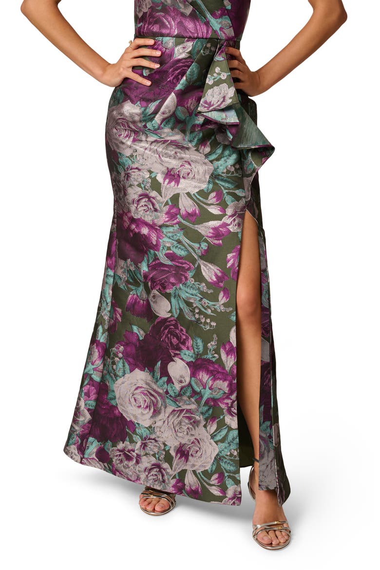 One-Shoulder Metallic Floral Jacquard Mermaid Gown, Alternate, color, GREEN MULTI