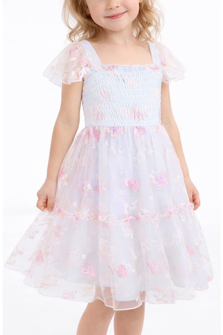 Kids' Smocked Bodice Dimensional Appliqué Party Dress, Alternate, color, PINK/ BLUE