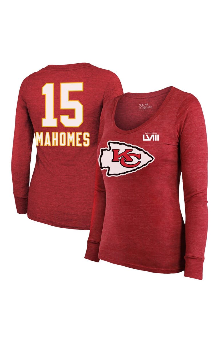 Majestic Threads Women's Majestic Threads Patrick Mahomes Red Kansas City Chiefs Super Bowl LVIII Scoop Name & Number Tri-Blend Long Sleeve T-Shirt, Alternate, color, 
