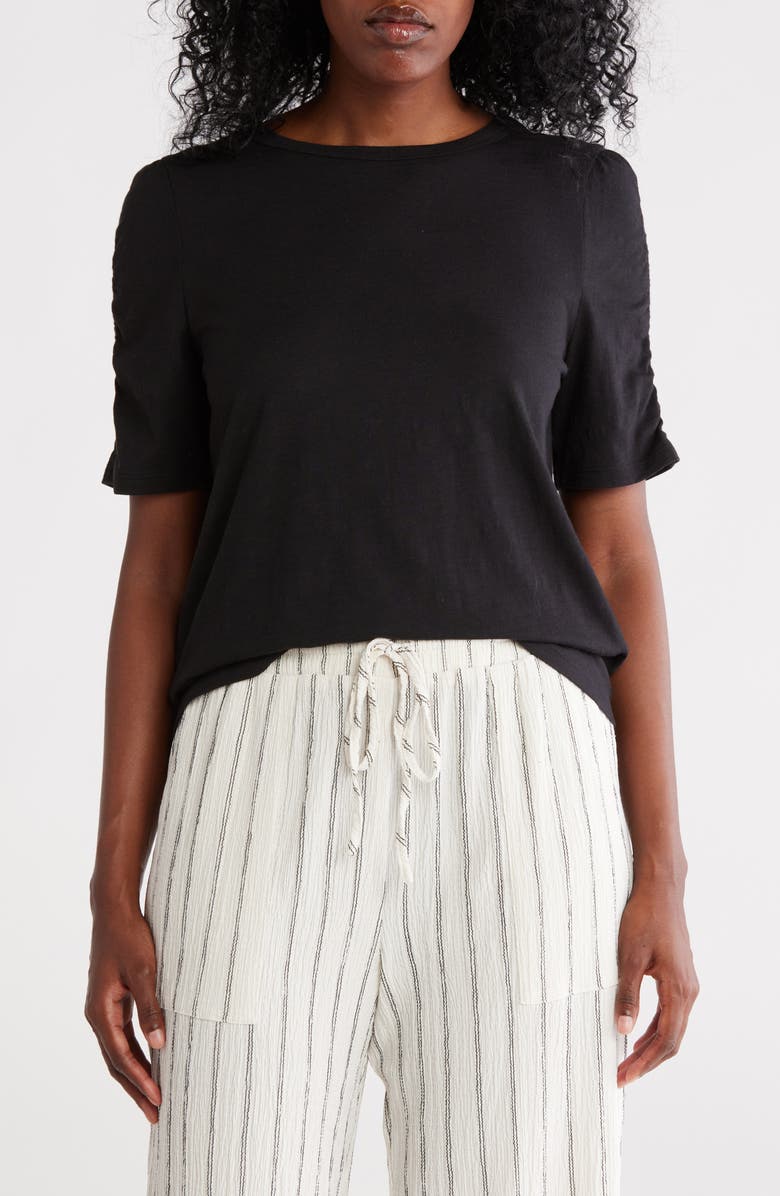 Caslon<sup>®</sup> Ruched Sleeve T-Shirt, Main, color, Black