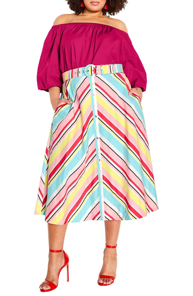 City Chic Sevyn Stripe Belted Midi Skirt, Alternate, color, 