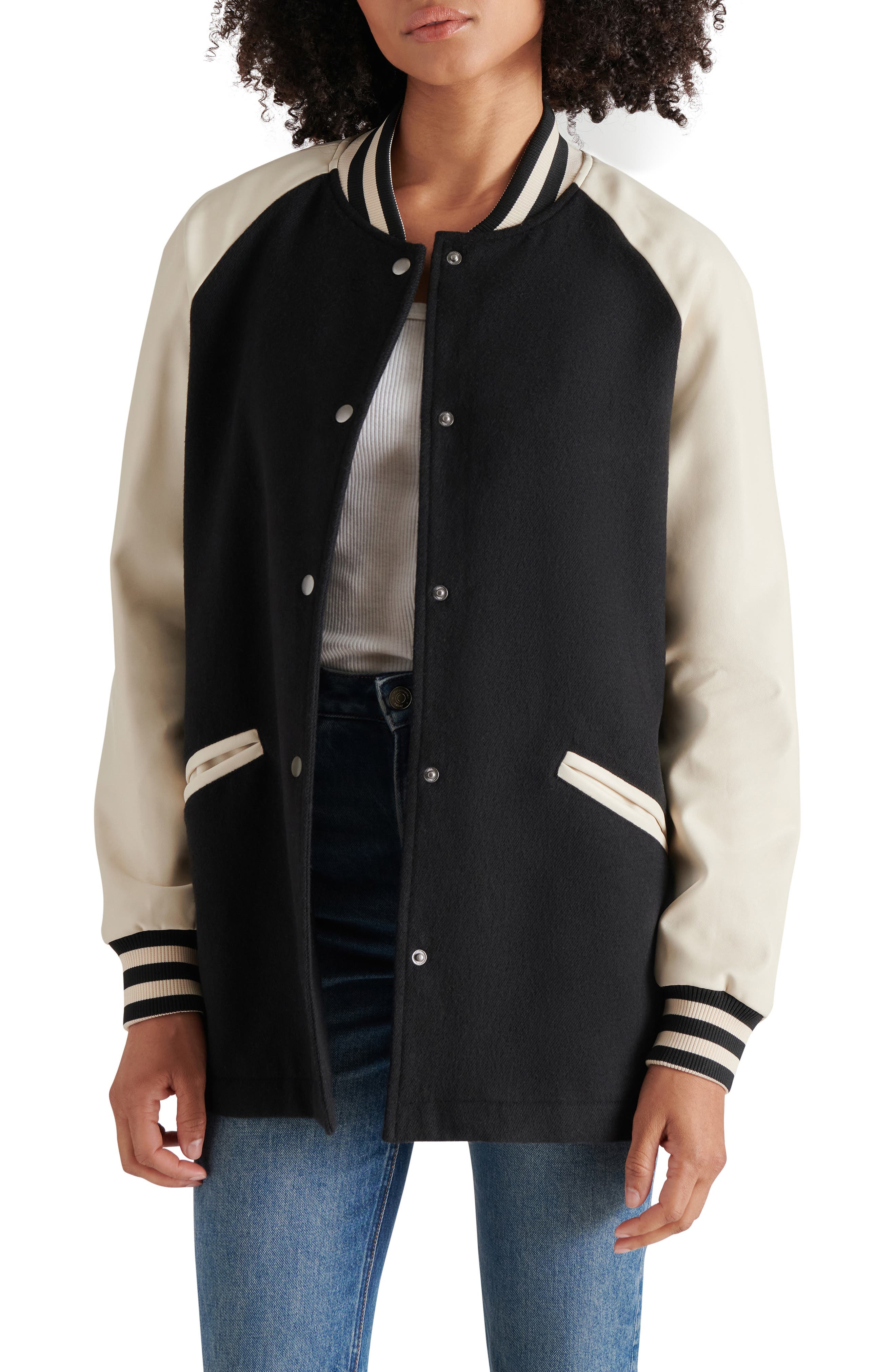 Skylie Faux Leather Sleeve Twill Stadium Bomber Jacket (Women) | Nordstrom