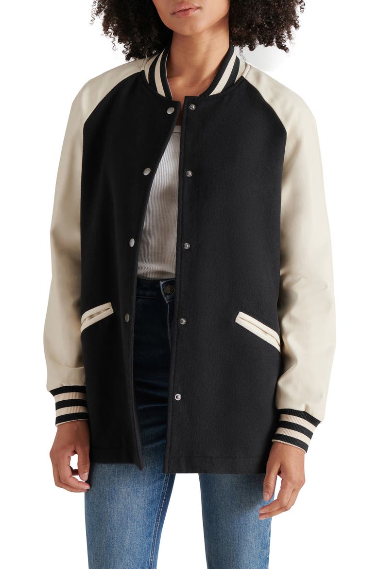 Skylie Faux Leather Sleeve Twill Stadium Bomber Jacket, Main, color, BLACK