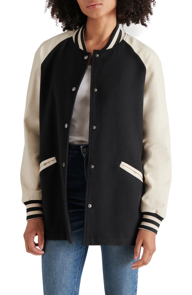 Steve Madden Skylie Faux Leather Sleeve Twill Stadium Bomber Jacket, Main, color, 