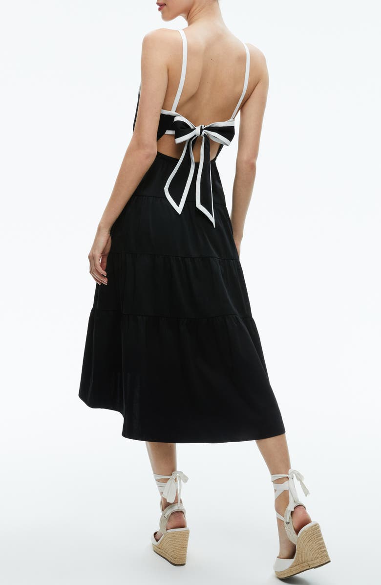 Alice + Olivia Hartley Tie Back Tiered Stretch Cotton Midi Dress, Alternate, color, Black/ Off White