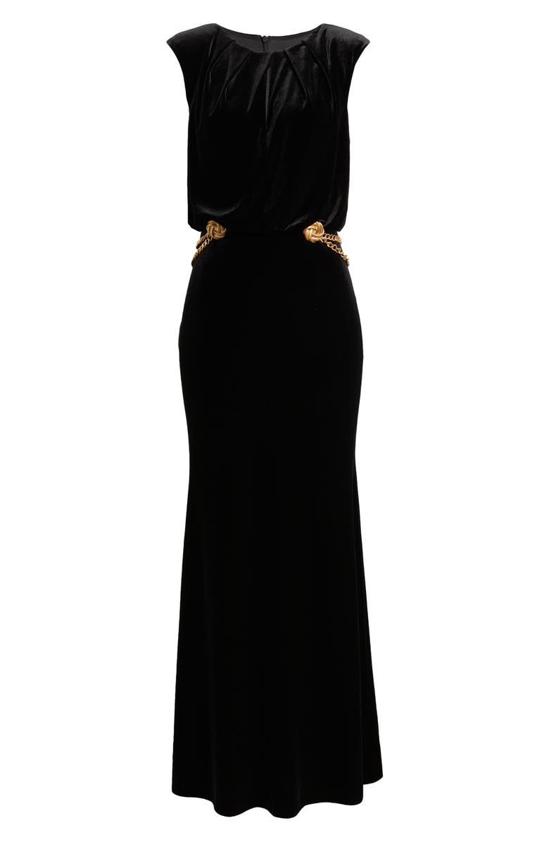 Vince Camuto Chain Detail Draped Velvet Gown, Alternate, color, Black