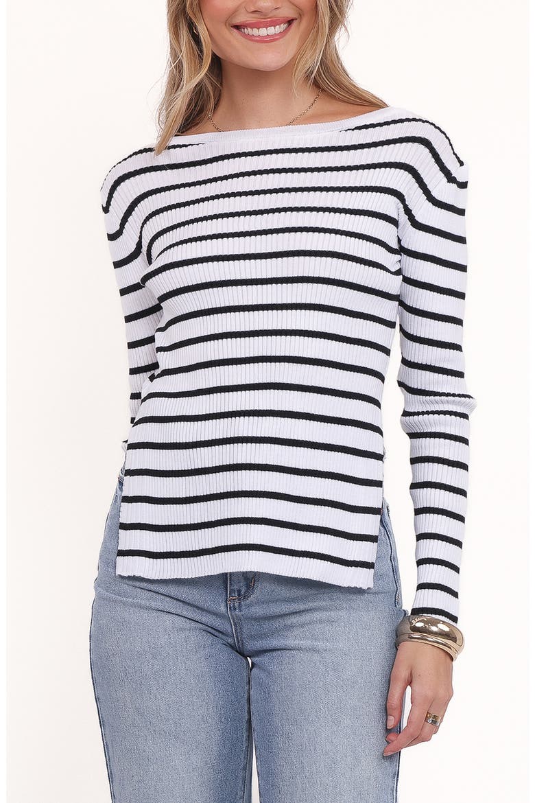 Alvina Stripe Rib Boatneck Sweater, Main, color, WHITE BLACK STRIPE