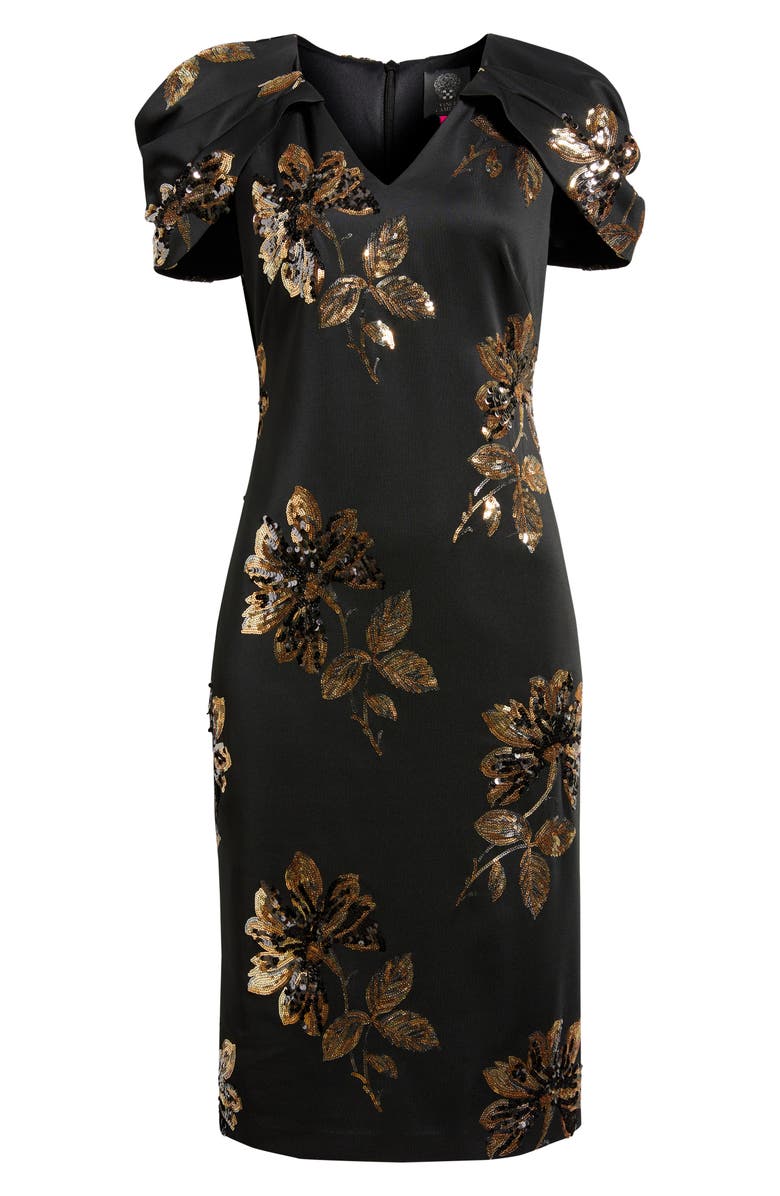 Vince Camuto Sequin Puff Sleeve Satin Sheath Dress, Alternate, color, Black