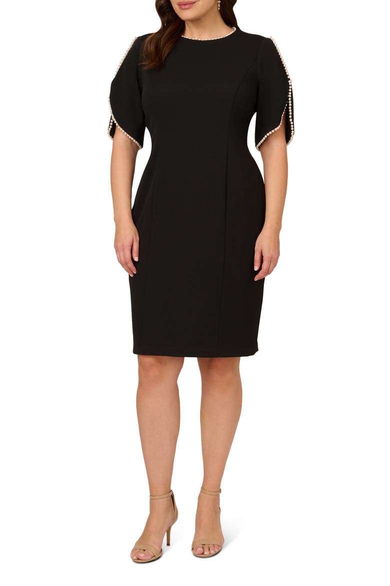 Imitation Pearl Detail Crepe Sheath Dress, Main, color, BLACK