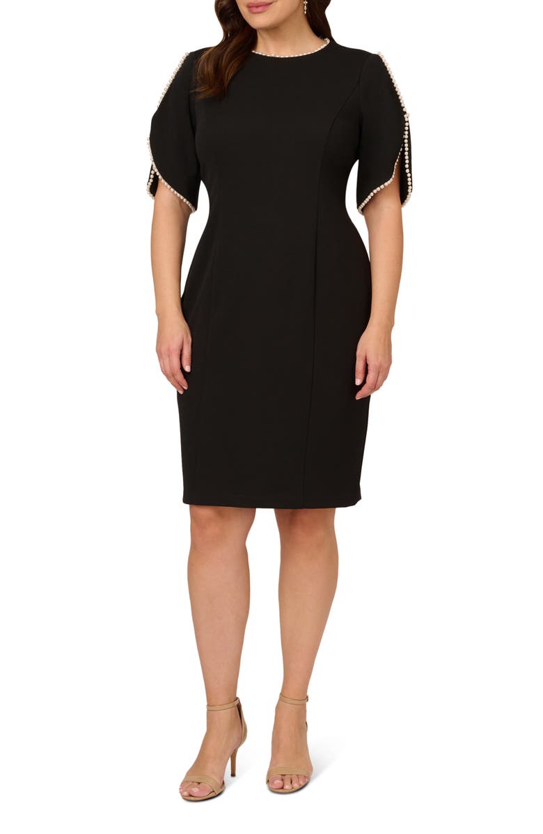 Adrianna Papell Imitation Pearl Detail Crepe Sheath Dress, Main, color, Black