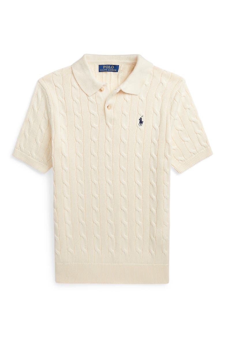 Cable Short Sleeve Polo Sweater, Alternate, color, ANDOVER CREAM
