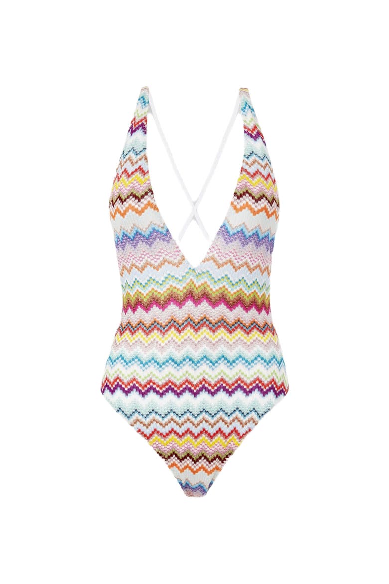 One-piece Swimsuit In Lamé Viscose With Pixel-effect Zigzag Pattern And V-neckline, Alternate, color, Multicoloured