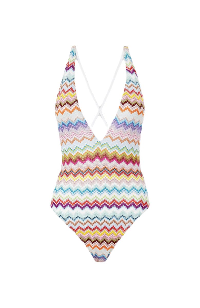 Missoni One-piece Swimsuit In Lamé Viscose With Pixel-effect Zigzag Pattern And V-neckline, Alternate, color, Multicoloured