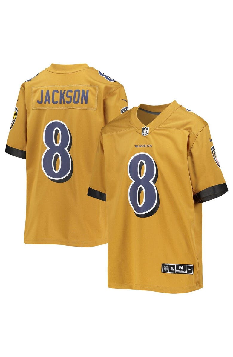 Nike Youth Nike Lamar Jackson Gold Baltimore Ravens Inverted Team Game Jersey, Main, color, 