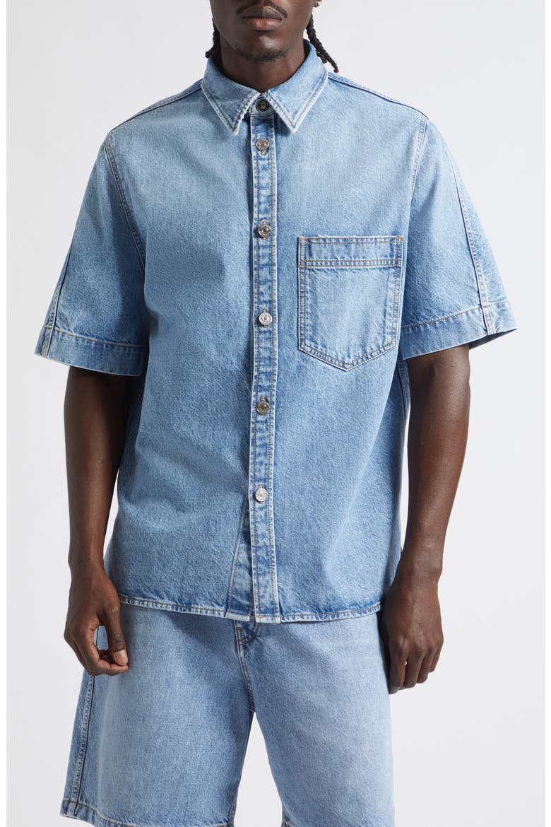 Couture Seam Short Sleeve Denim Button-Up Shirt, Main, color, LIGHT BLUE