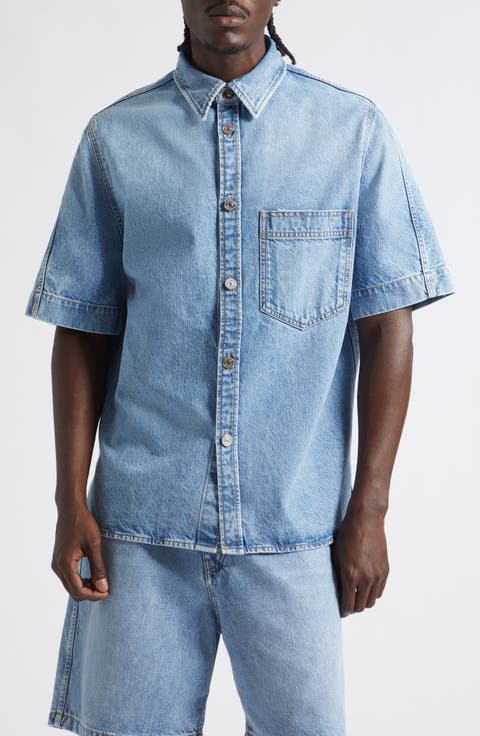 Couture Seam Short Sleeve Denim Button-Up Shirt