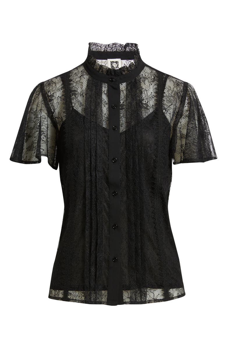 Anne Klein Lace Flutter Sleeve Button-Up Shirt, Alternate, color, Asphalt