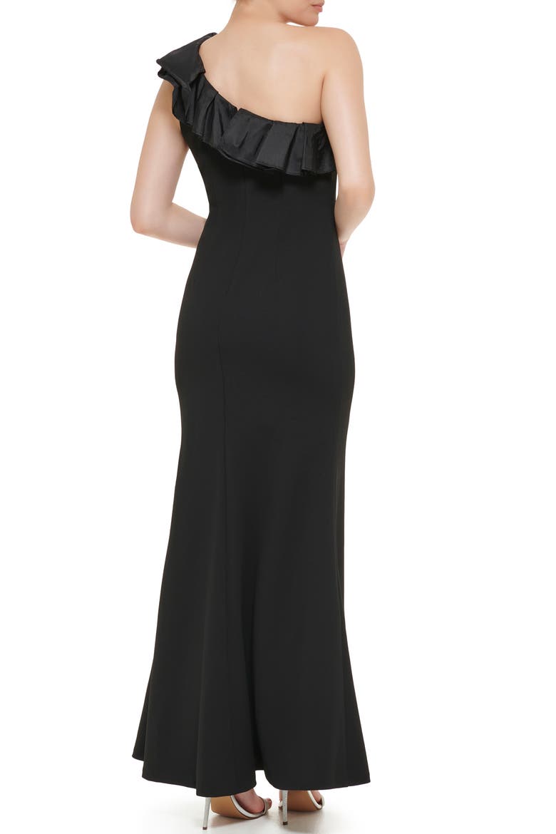 One Shoulder Ruffle Crepe Gown, Alternate, color, BLACK