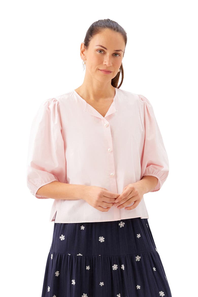 Puff Sleeve Faux Pearl Button Cotton Shirt, Alternate, color, ROSE