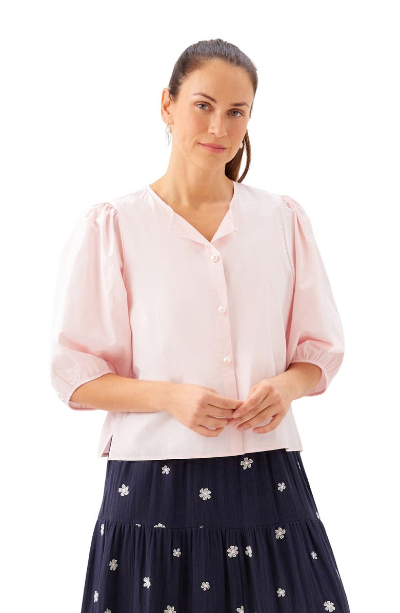 Karen Kane Puff Sleeve Faux Pearl Button Cotton Shirt, Alternate, color, Rose