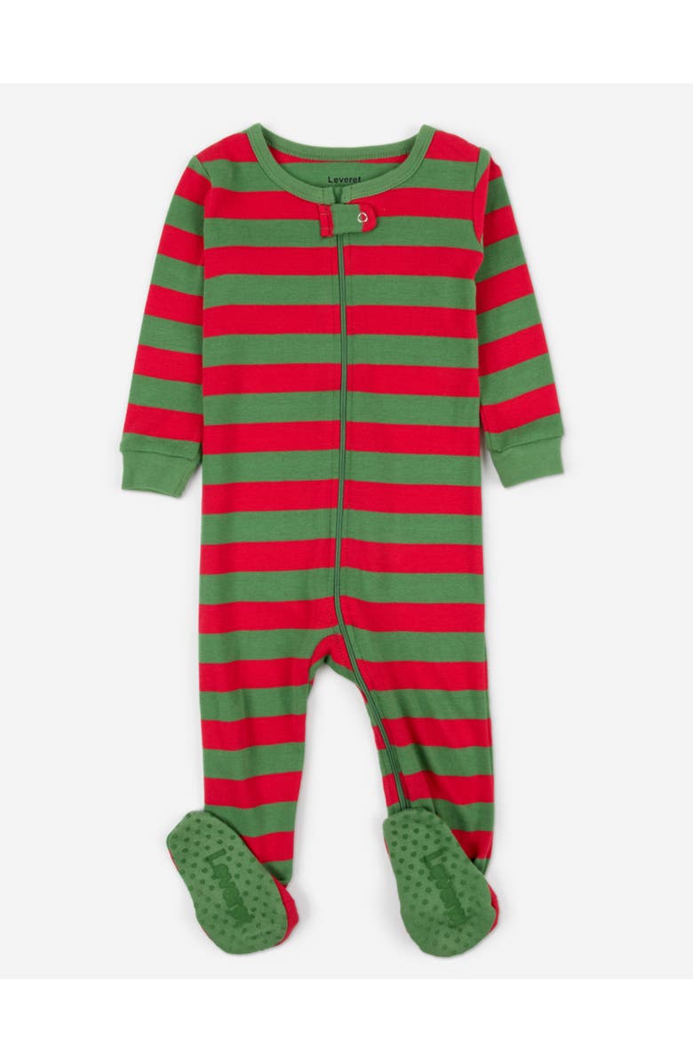 Leveret Kids Footed Striped Cotton Matching Family Holiday Pajamas, Main, color, Red & Green