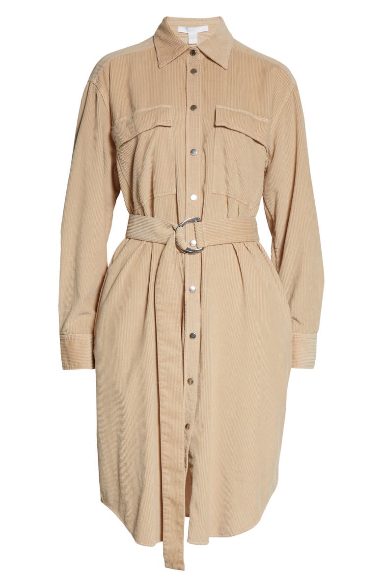 BOSS Desterig Belted Long Sleeve Corduroy Shirtdress, Alternate, color, Light Camel