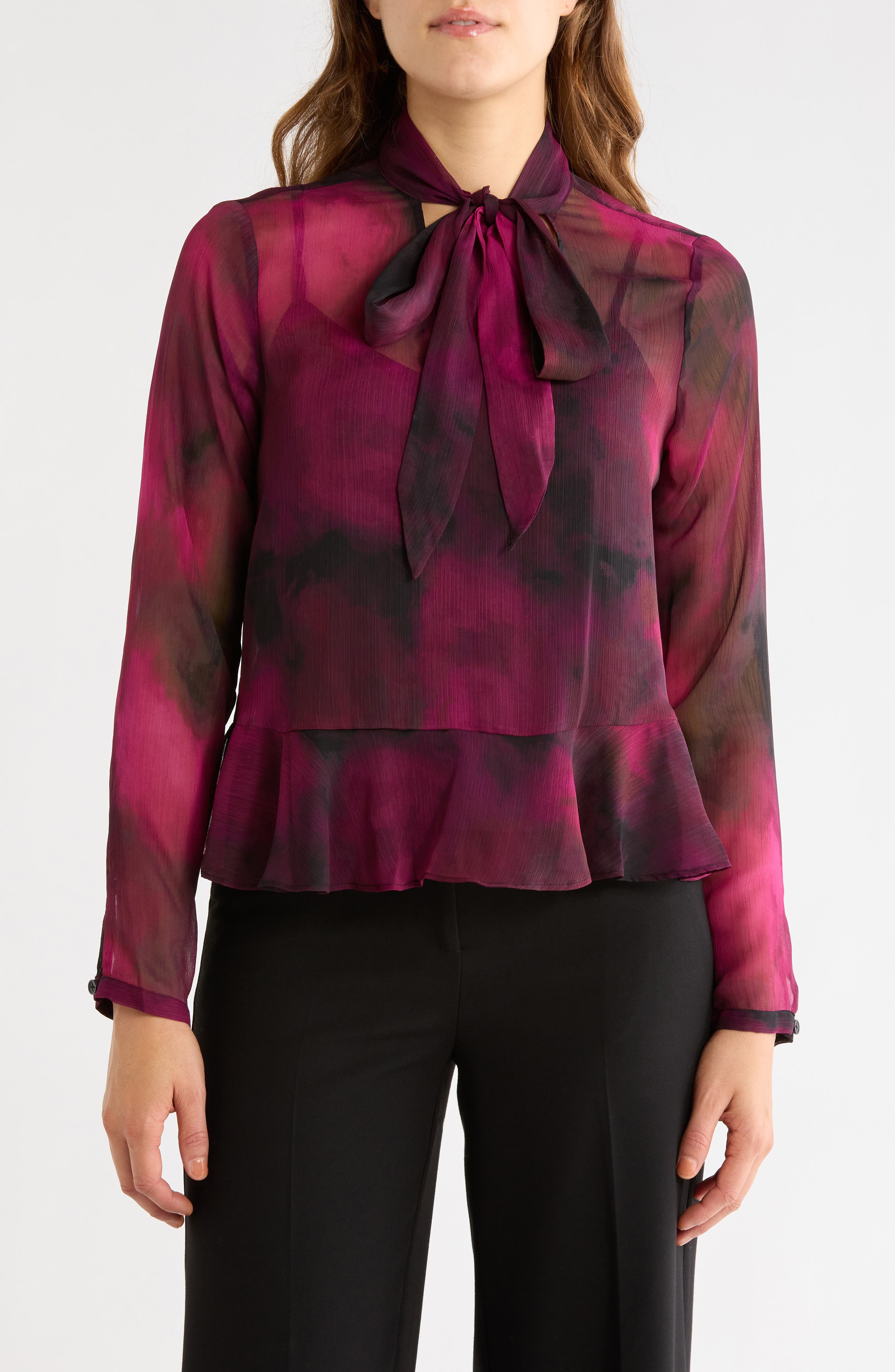 Tie Neck Long Sleeve Peplum Top