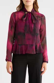 Tie Neck Long Sleeve Peplum Top