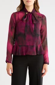 DKNY Tie Neck Long Sleeve Peplum Top