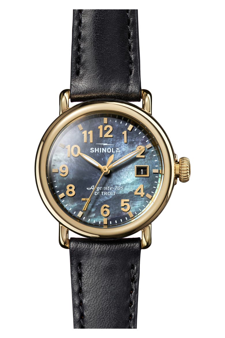 Runwell Leather Strap Watch, 36mm, Main, color, BLACK MOTHER OF PEARL
