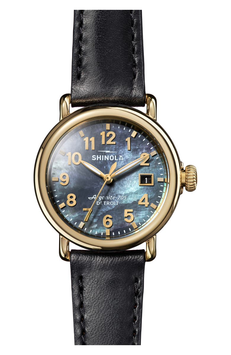 Shinola Runwell Leather Strap Watch, 36mm, Main, color, Black Mother Of Pearl