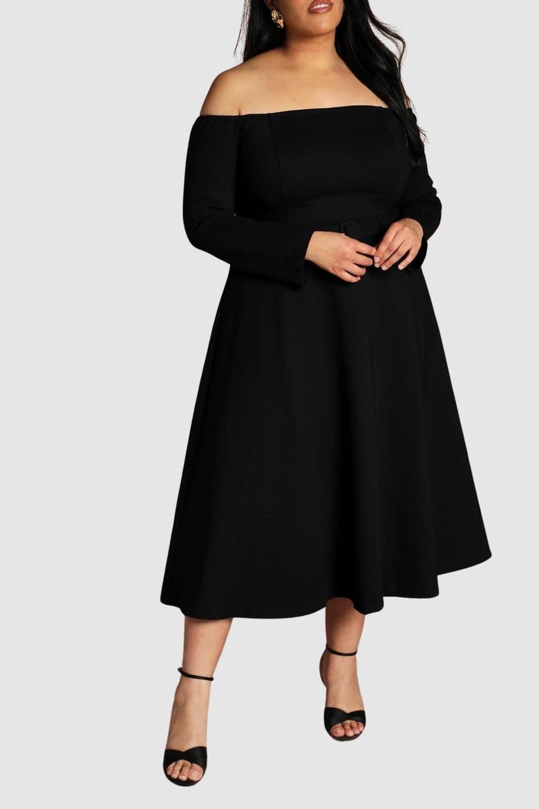Plus Bardot Midi Dress, Alternate, color, Black