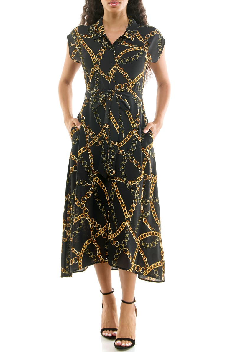 Nina Leonard Floral Short Sleeve Shirtdress, Main, color, Black Multi