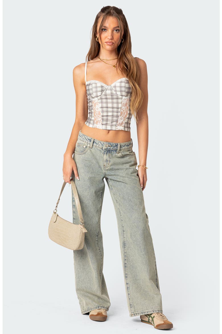 Plaid Lace Panel Corset Top, Alternate, color, GREY MIX