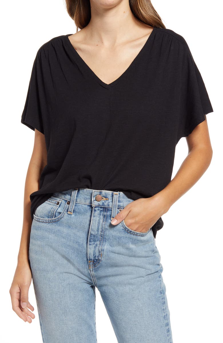 Caslon<sup>®</sup> Gathered V-Neck T-Shirt, Main, color, 