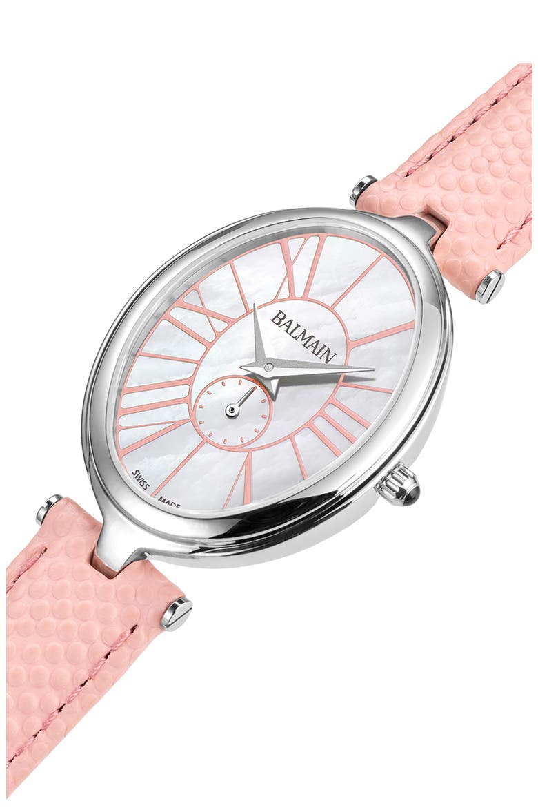Haute Elegance Oval Leather Strap Watch, 26mm x 32mm, Alternate, color, STAINLESS STEEL