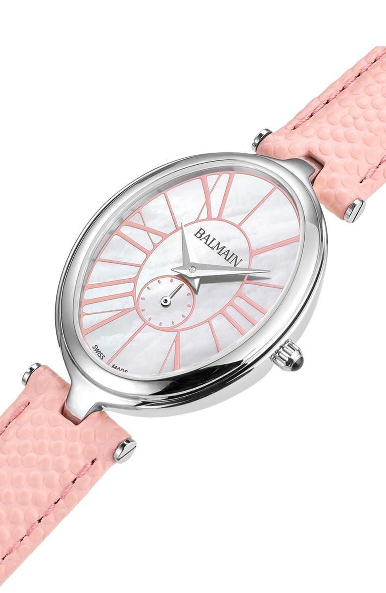 Balmain Haute Elegance Oval Leather Strap Watch, 26mm x 32mm, Alternate, color, Stainless Steel
