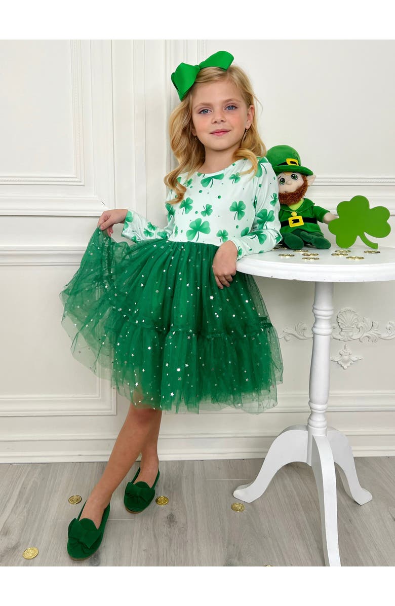 Mia Belle Girls My Lucky Girl Clover Print Tutu Dress, Alternate, color, Green