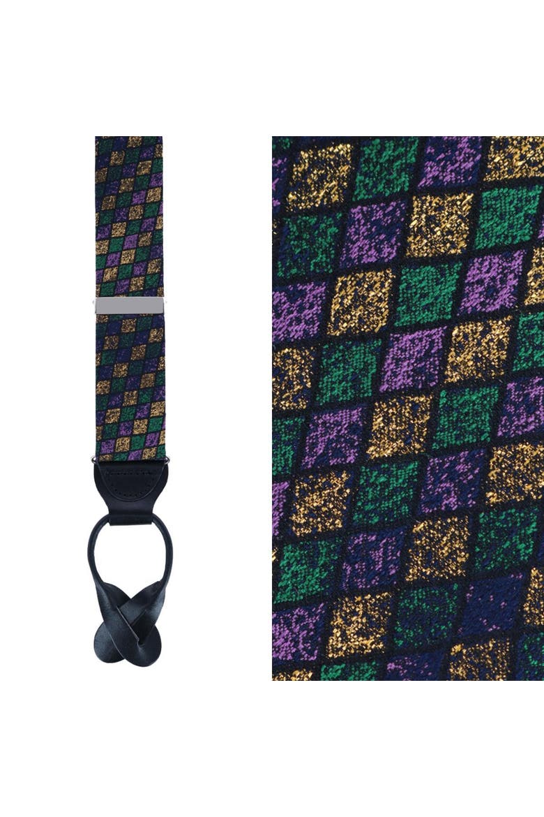 Carnival Diamond Multi-Colored Novelty Silk Button End Suspenders, Main, color, Purple, Green, and Yellow