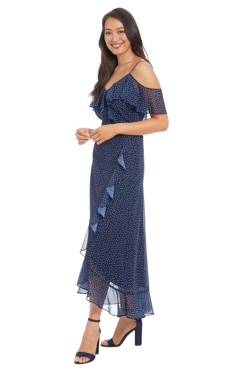 London Times Cold Shoulder Ruffle Faux Wrap Midi Dress, Alternate, color, Navy/ White