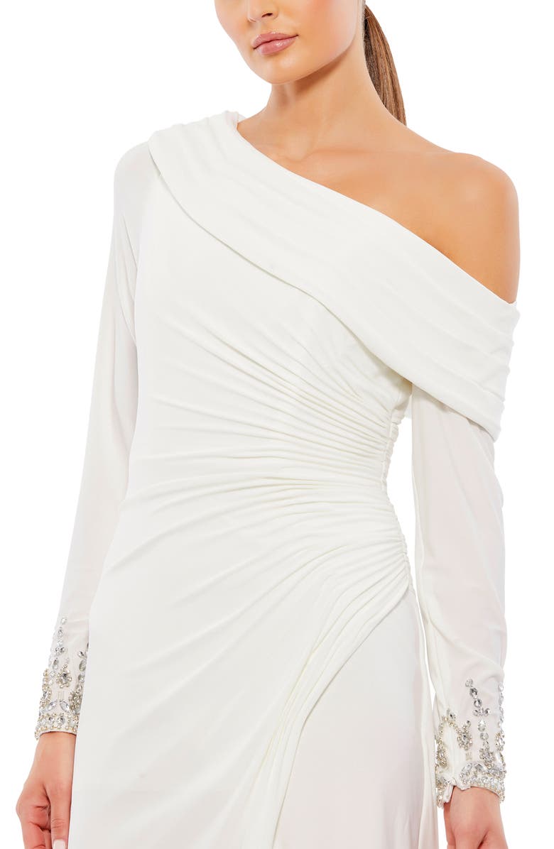 Mac Duggal Asymmetrical One Shoulder Jewel Accented Cuff Midi Dress, Alternate, color, White