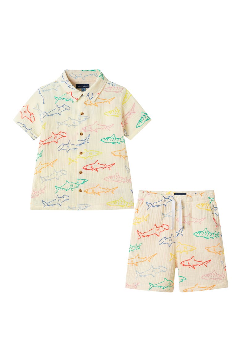 Kids' Printed Cotton Gauze Button-Up Shirt & Shorts Set, Main, color, WHA