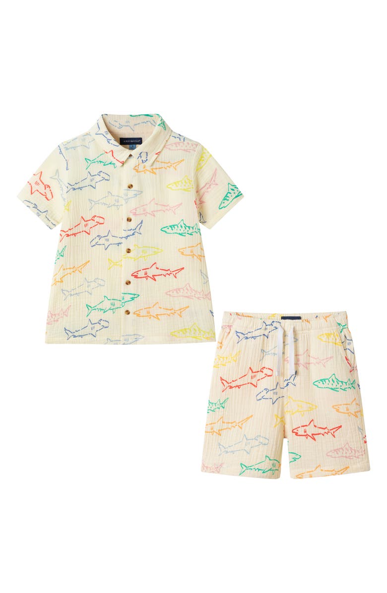Andy & Evan Kids' Printed Cotton Gauze Button-Up Shirt & Shorts Set, Main, color, Wha