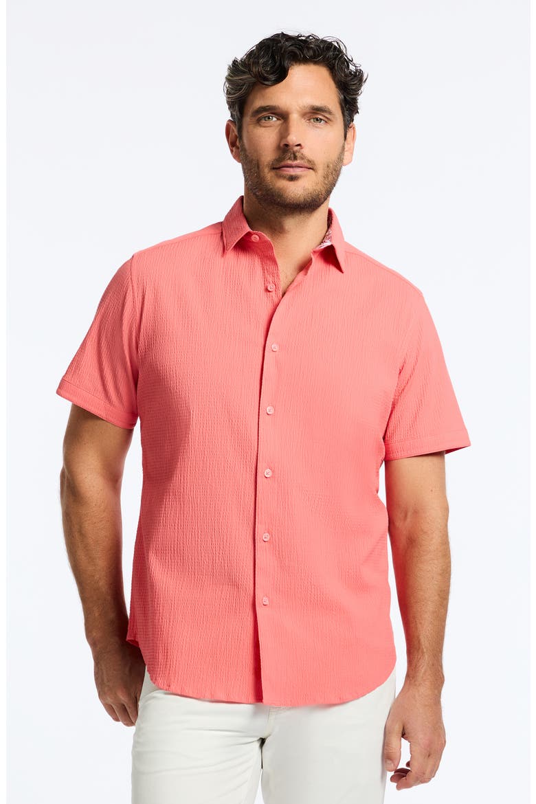 Thresher Classic Fit Solid Short Sleeve Cotton Seersucker Button-Up Shirt, Alternate, color, CORAL