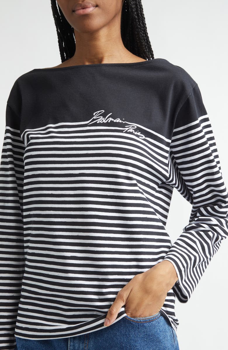 Balmain Paris Logo Marinière Stripe Cotton T-Shirt, Alternate, color, Eab Blk/ White