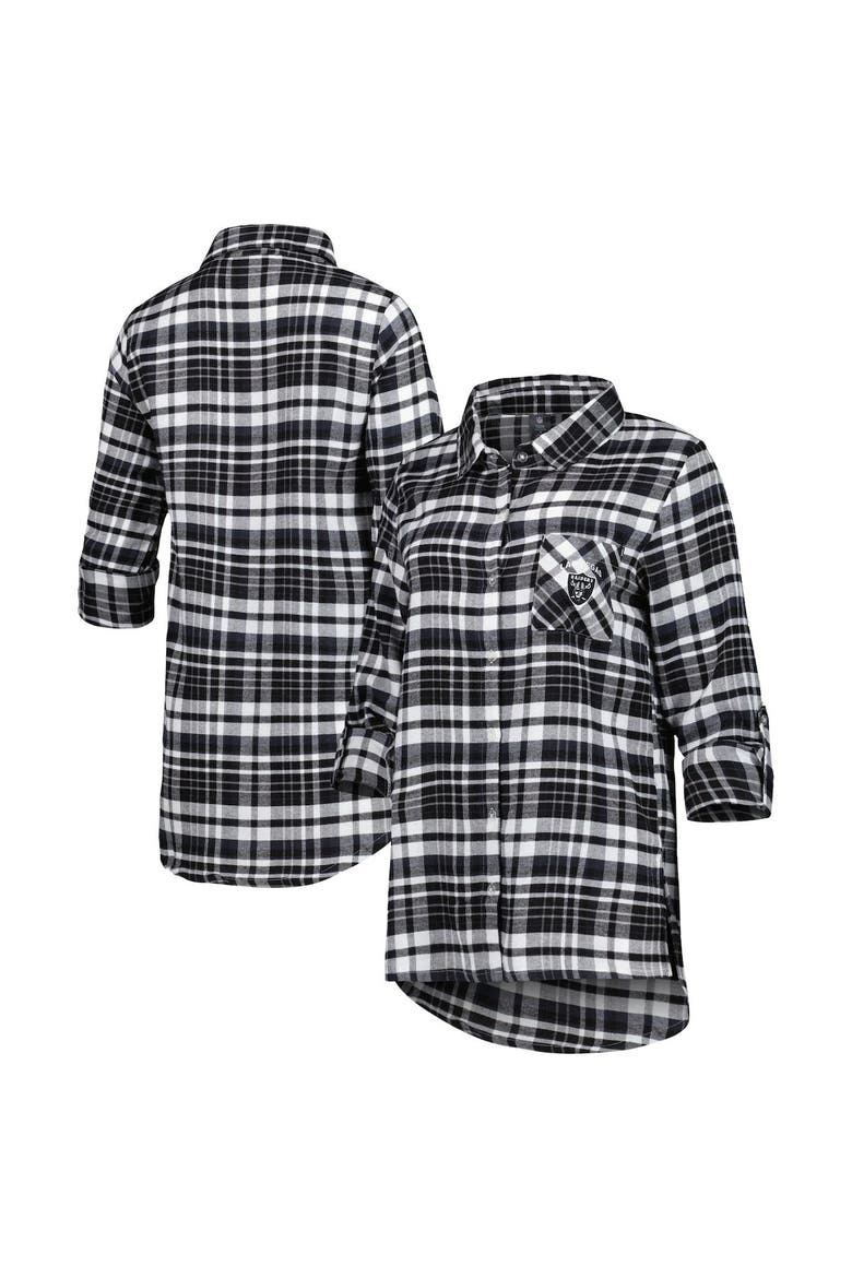 Women's Concepts Sport Black Las Vegas Raiders Mainstay Plaid Full-Button Long Sleeve Nightshirt, Main, color, Black